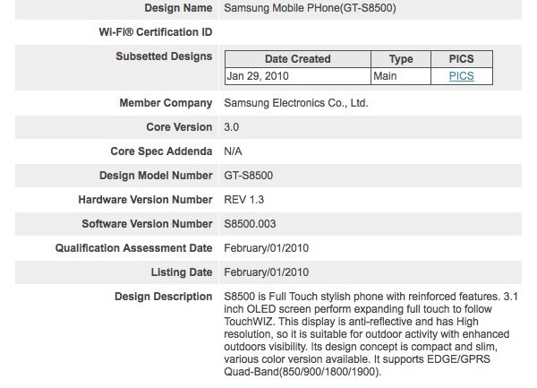 Samsung, GT-S8500, Bluetooth 3.0