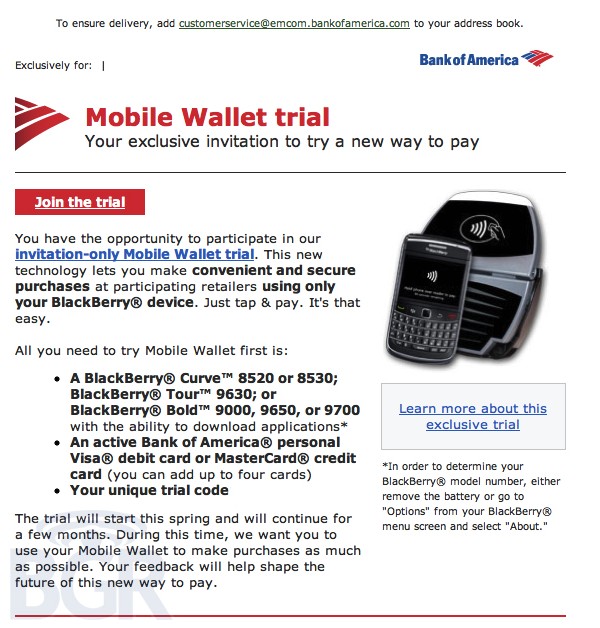 Bank of America, BlackBerry, NFC, payments, 